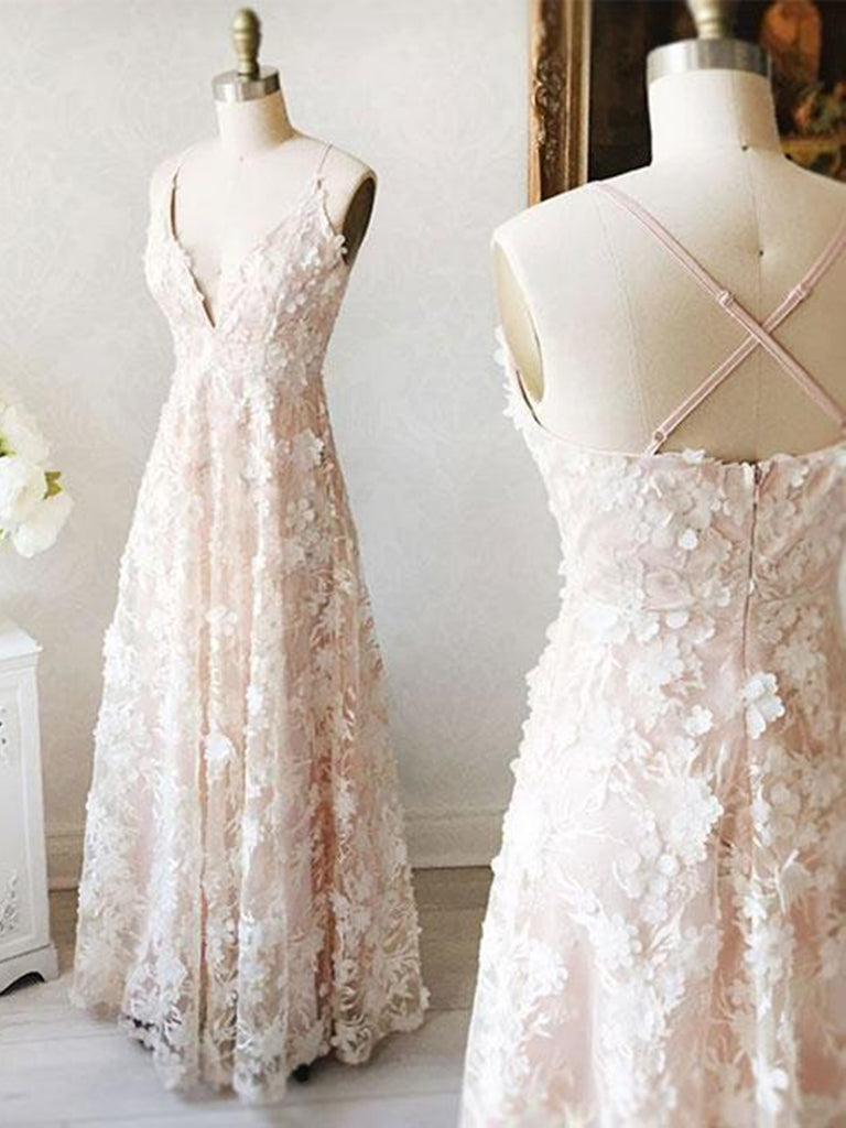 A Line V Neck Floor Length Lace Light Pink Long Prom Dresses, Light Pink Lace Formal Dresses, Evening Dresses 2019