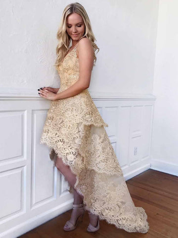 A Line V Neck High Low Golden Lace Prom Dresses, High Low Lace Golden Homecoming Dresses, Golden Lace Formal Dresses, Evening Dresses
