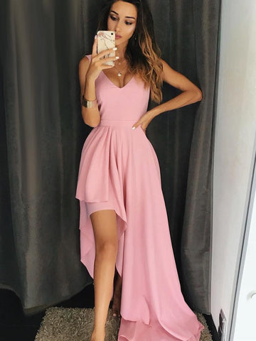 A Line V Neck High Low Pink Long Prom Dresses, Pink Formal Dresses, Simple Pink Evening Dresses 2019