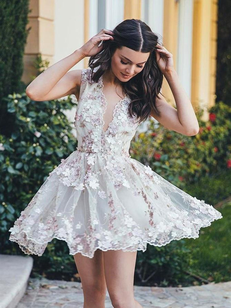 A Line V Neck Lace Appliques Ivory Homecoming Dresses Short Prom Dresses with Flower, Lace Ivory Formal Dresses, Evening Dresses, Graduation Dresses