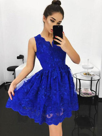 A Line V Neck Lace Blue Prom Dresses, Blue Homecoming Dresses, Short Prom Dresses