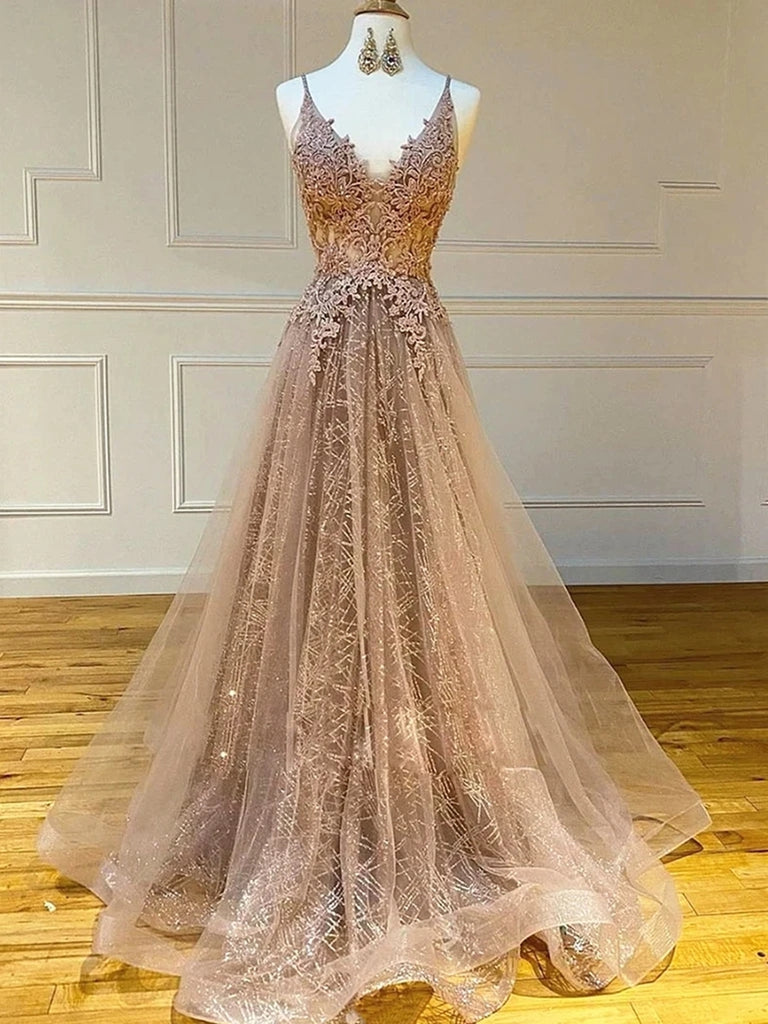 A Line V Neck Lace Champagne Long Prom Dresses, Champagne Lace Formal Graduation Evening Dresses A Line V Neck Lace Champagne Long Prom Dresses, Champagne Lace Formal Graduation Evening Dresses