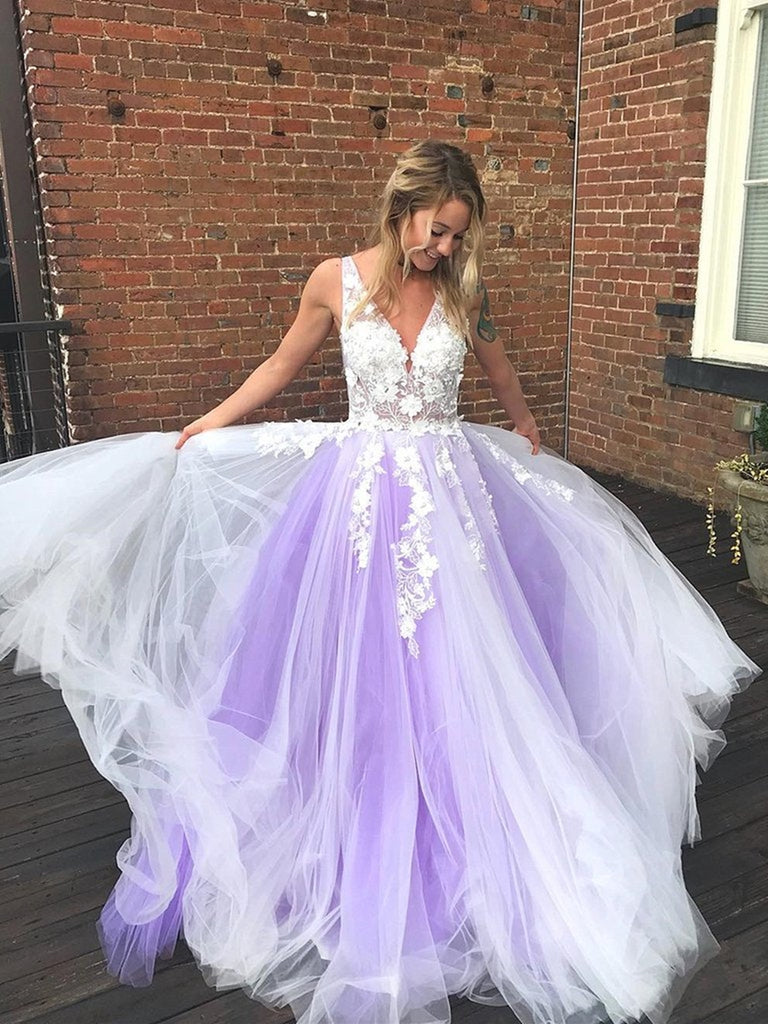 A Line V Neck Lace Purple Long Prom Dresses, V Neck Purple Lace Formal Dresses, Purple Lace Evening Dresses