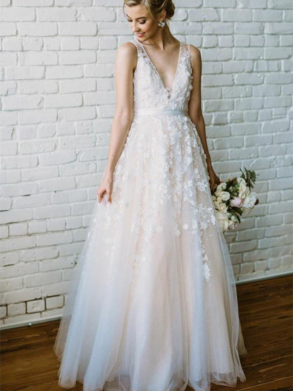 A Line V Neck Lace Tulle Champagne Wedding Dresses, Champagne Lace Prom Dresses, Formal Dresses