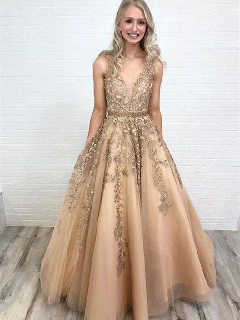 A Line V Neck Lace Tulle Long Prom Dresses, V Neck Lace Formal Graduat Shiny Party A Line V Neck Lace Tulle Long Prom Dresses, V Neck Lace Formal Graduat Shiny Party