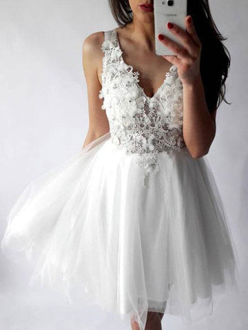 A Line V Neck Lace White Short Prom Dresses, White Homecoming Dresses, Lace Homecoming Dresses