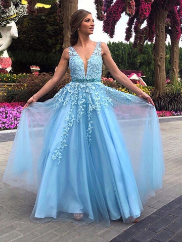 A Line V Neck Light Blue Lace Long Prom Dresses 2020, Light Blue Lace Formal Dresses, Light Blue Evening Dresses