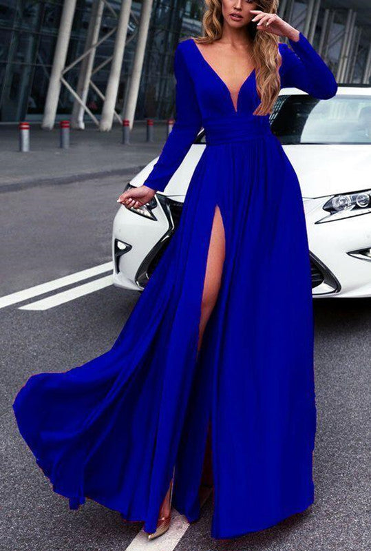 A Line V Neck Long Sleeves Green/Black/Royal Blue Long Prom Dresses, Formal Dresses With Sleeves A Line V Neck Long Sleeves Green/Black/Royal Blue Long Prom Dresses, Formal Dresses With Sleeves