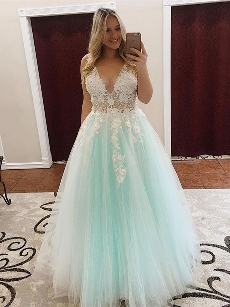 A Line V Neck Long White Lace Appliques Light Green Prom Dresses, V Ne Shiny Party A Line V Neck Long White Lace Appliques Light Green Prom Dresses, V Ne Shiny Party