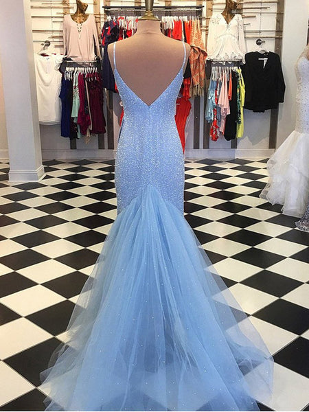 A Line V Neck Mermaid Backless Light Blue Prom Dresses, Light Blue Formal Dresses