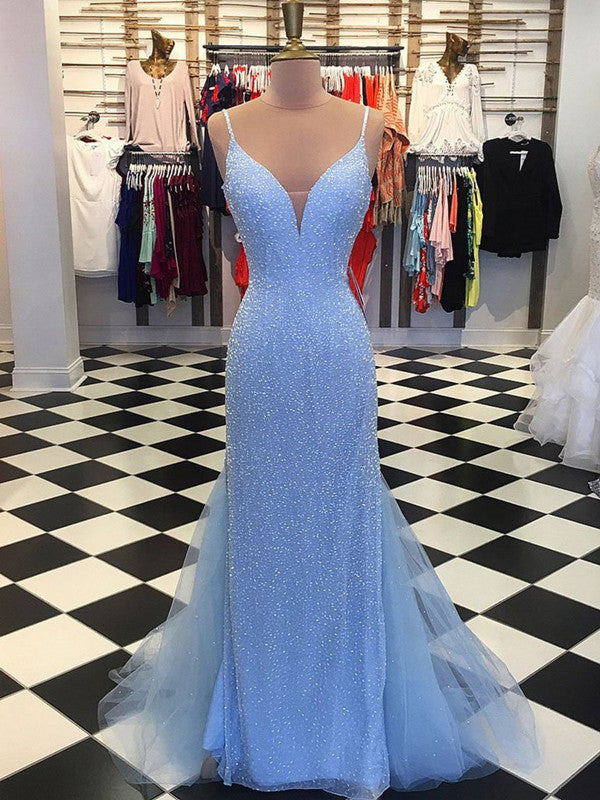 V Neck Mermaid Backless Light Blue Prom Dresses, Light Blue Formal Dre Shiny Party V Neck Mermaid Backless Light Blue Prom Dresses, Light Blue Formal Dre Shiny Party