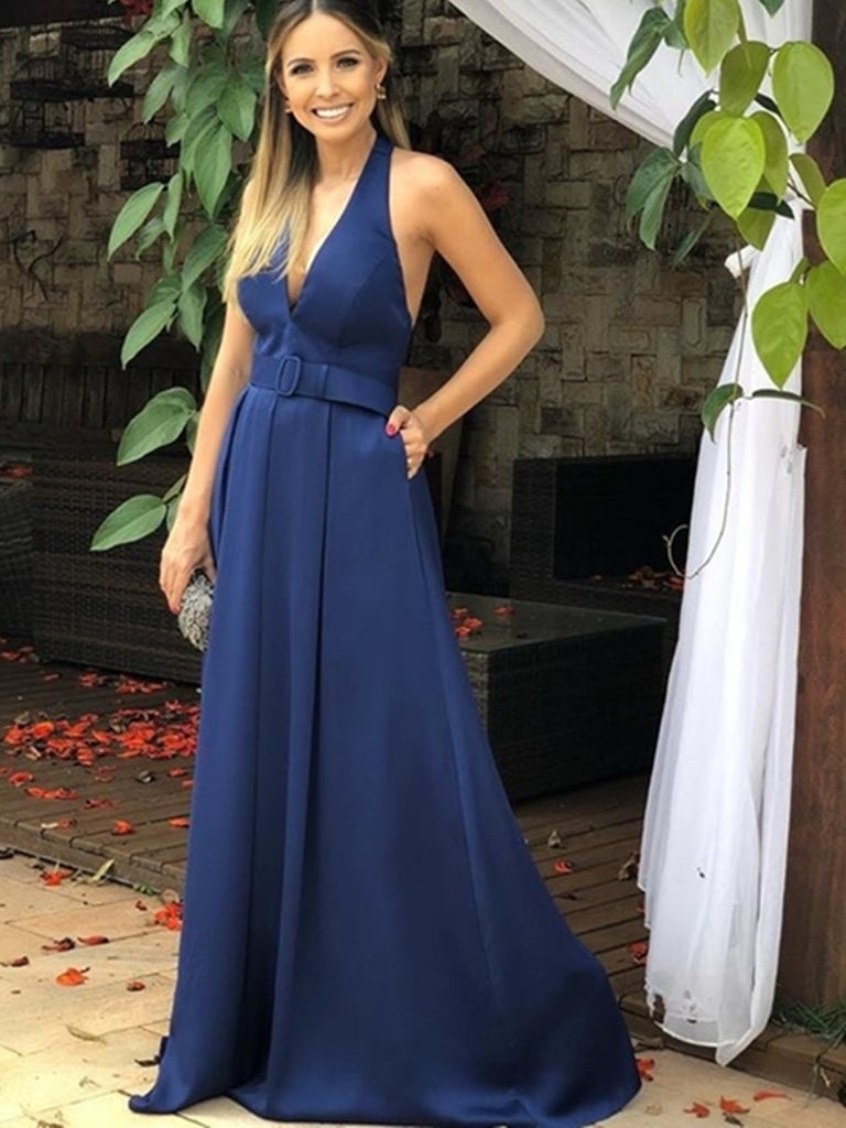 A Line V Neck Navy Blue Long Prom Dresses 2019 with Pocket, Navy Blue Formal Dresses with Belt, Evening Dresses