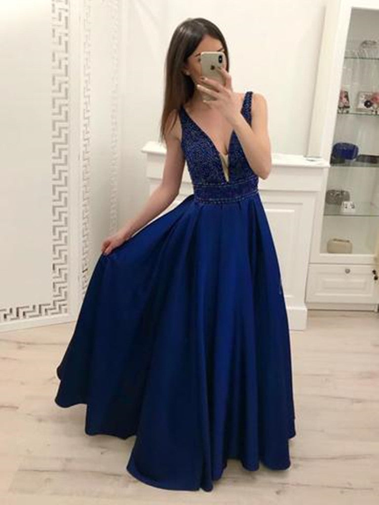 A Line V Neck Navy Blue Satin Long Prom Dresses with Beads, Navy Blue Formal Dresses Graduation Dresses, Evening Dresses A Line V Neck Navy Blue Satin Long Prom Dresses with Beads, Navy Blue Formal Dresses Graduation Dresses, Evening Dresses
