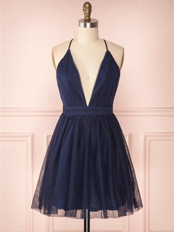 A Line V Neck Navy Blue Short Prom Dresses, Navy Blue Homecoming Dresses
