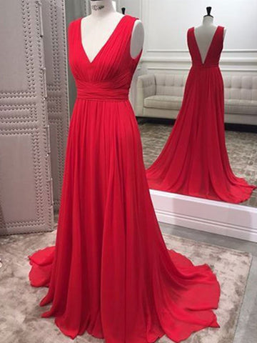 A Line V Neck Open Back Red Chiffon Ruffles Long Prom Dresses, V Neck Backless Red Formal Dresses, Red Evening Dresses