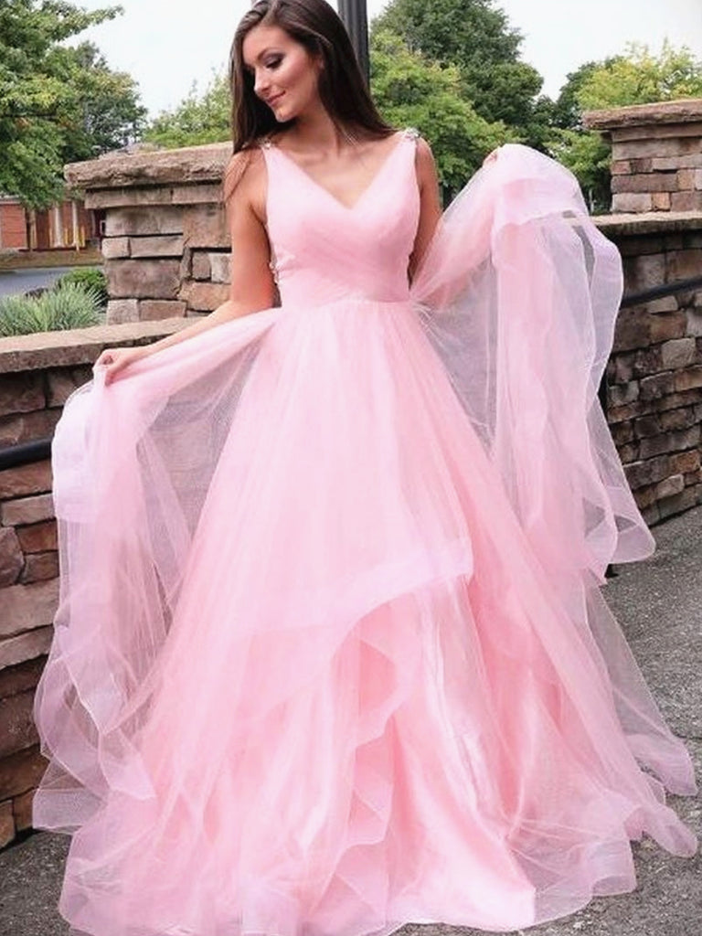 A Line V Neck Pink Long Prom Dresses, V Neck Pink Formal Graduation Dresses