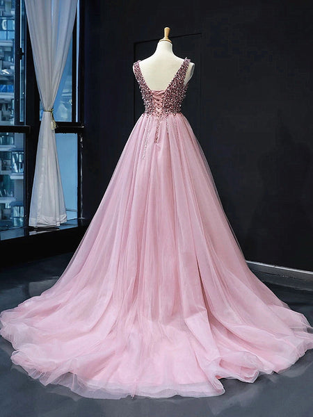 A Line V Neck Pink Prom Dresses with Corset Back, Pink V Neck Formal Bridesmaid Dresses
