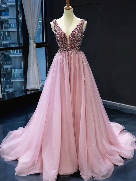 A Line V Neck Pink Prom Dresses with Corset Back, Pink V Neck Formal Bridesmaid Dresses