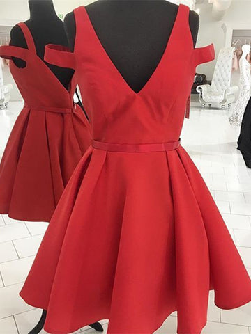 A Line V Neck Red Prom Dresses, Red Homecoming Dresses, Red Short Prom Dresses