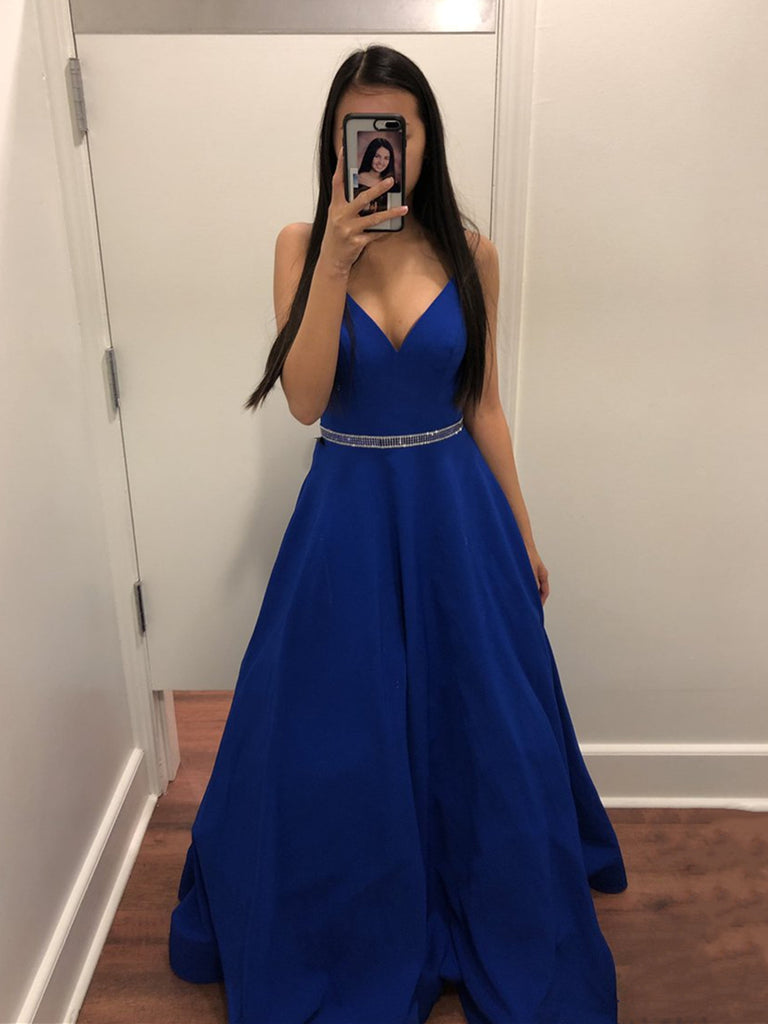Promfast Shiny V Neck Dark Blue Long Prom Dress with Belt, Fluffy Blue