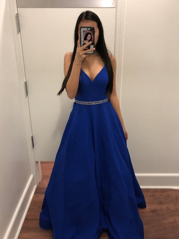A Line V Neck Royal Blue Long Prom Dresses with Belt, Royal Blue Formal Dresses, Evening Dresses