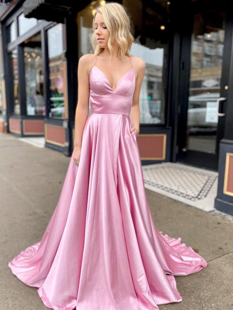 A Line V Neck Satin Backless Long Pink Prom Dresses with High Slit, V Shiny Party A Line V Neck Satin Backless Long Pink Prom Dresses with High Slit, V Shiny Party