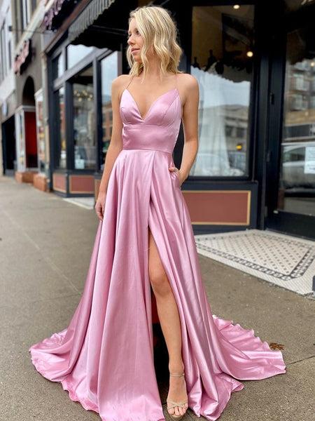 A Line V Neck Satin Backless Long Pink Prom Dresses with High Slit, V Neck Backless Pink Formal Dresses with Pocket, Backless Pink Evening Dresses