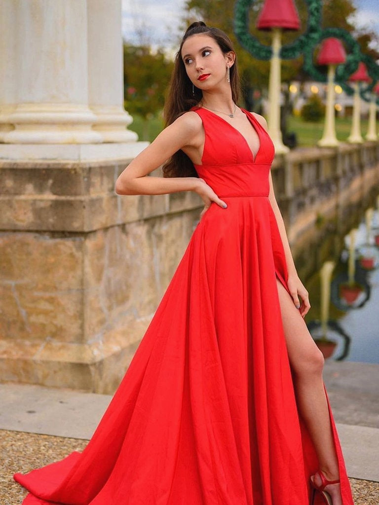 A Line V Neck Satin Long Red Prom Dresses with High Slit, V Neck Red F Shiny Party A Line V Neck Satin Long Red Prom Dresses with High Slit, V Neck Red F Shiny Party