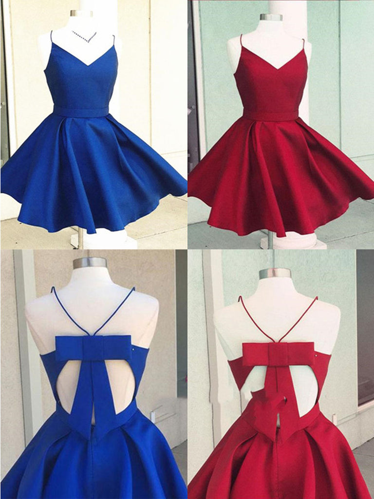 A Line V Neck Short Blue/Burgundy Prom Dresses, Mini Graduation Dresses, Blue Homecoming Dresses