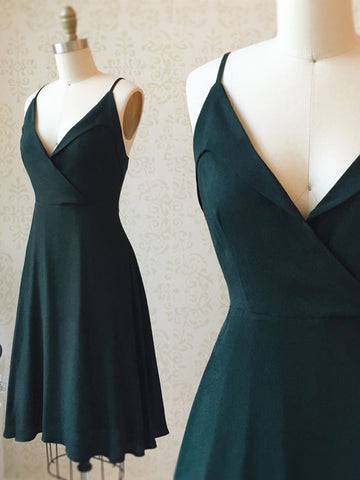 A Line V Neck Short Dark Green Prom Dresses, Short Dark Green Homecoming Formal Dresses
