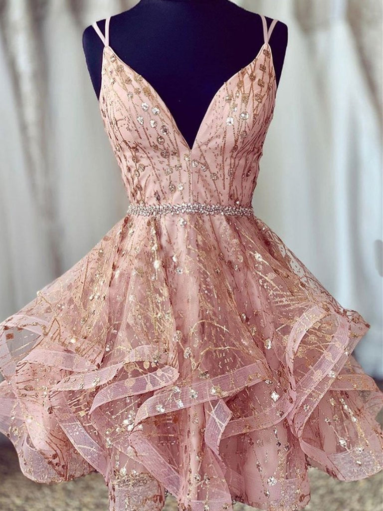 A Line V Neck Short Lace Prom Dresses, Cross Back Short Champagne Lace Shiny Party A Line V Neck Short Lace Prom Dresses, Cross Back Short Champagne Lace Shiny Party
