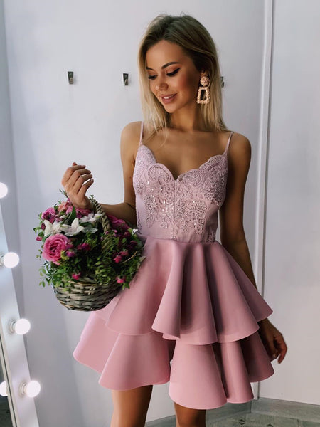 A Line V Neck Short Pink Burgundy Lace Prom Dresses, Short Lace Formal Homecoming Graduation Dresses