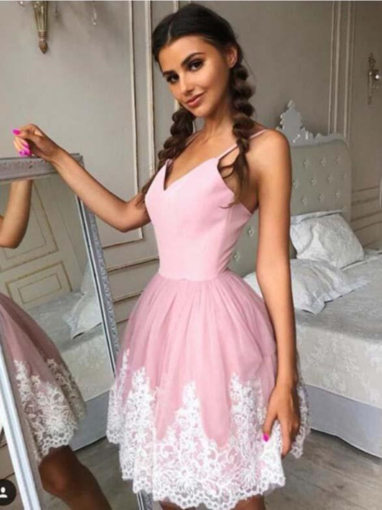 A Line V Neck Short Pink Lace Prom Dresses, Short Pink Lace Formal Hom Shiny Party A Line V Neck Short Pink Lace Prom Dresses, Short Pink Lace Formal Hom Shiny Party