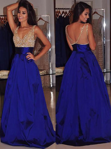 A Line V Neck Sleeveless Sweep Train Royal Blue Prom Dress, Royal Blue Formal Dress