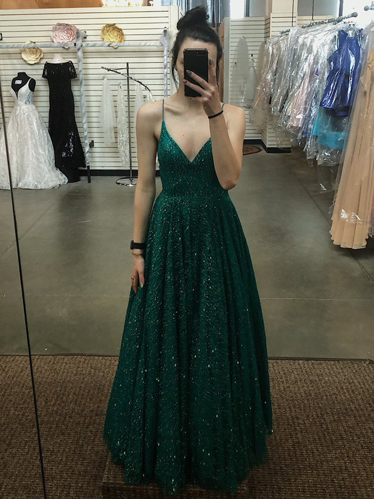 A Line V Neck Spaghetti Straps Backless Dark Green Prom Dresses, Dark Shiny Party A Line V Neck Spaghetti Straps Backless Dark Green Prom Dresses, Dark Shiny Party