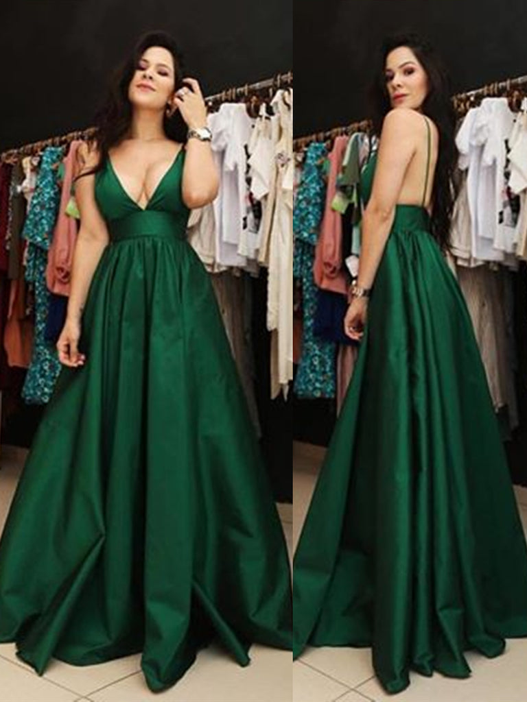 A Line V Neck Spaghetti Straps Backless Satin Dark Green Prom Dresses with Pockets, Dark Green Backless Formal Dresses, Evening Dresses A Line V Neck Spaghetti Straps Backless Satin Dark Green Prom Dresses with Pockets, Dark Green Backless Formal Dresses, Evening Dresses