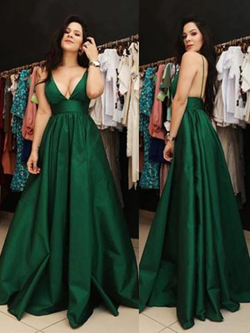 A Line V Neck Spaghetti Straps Backless Satin Dark Green Prom Dresses with Pockets, Dark Green Backless Formal Dresses, Evening Dresses