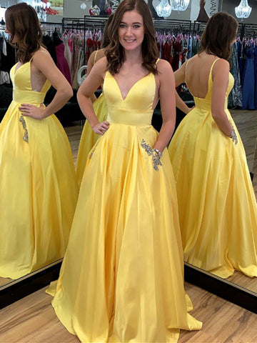 A Line V Neck Spaghetti Straps Backless Satin Yellow Long Prom Dresses with Pocket, Yellow Graduation Dresses, Evening Dresses
