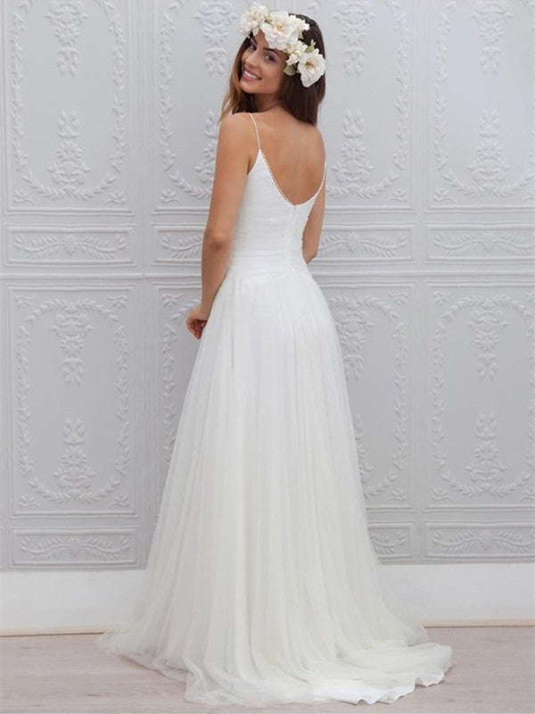 A Line V Neck Spaghetti Straps Backless White Tulle Wedding Dresses, B Shiny Party A Line V Neck Spaghetti Straps Backless White Tulle Wedding Dresses, B Shiny Party