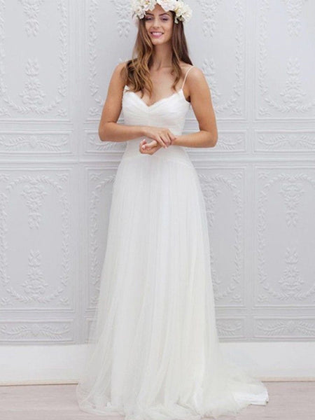 A Line V Neck Spaghetti Straps Backless White Tulle Wedding Dresses, Backless White Prom Dresses