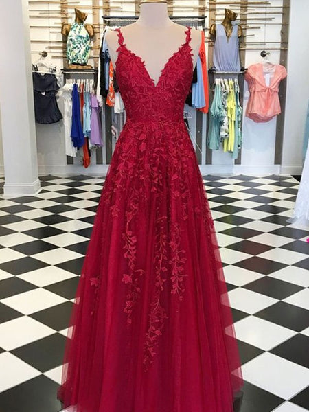 A Line V Neck Spaghetti Straps Floor Length Backless Burgundy/Red Lace Long Prom Dresses, Lace Burgundy/Red Formal Dresses