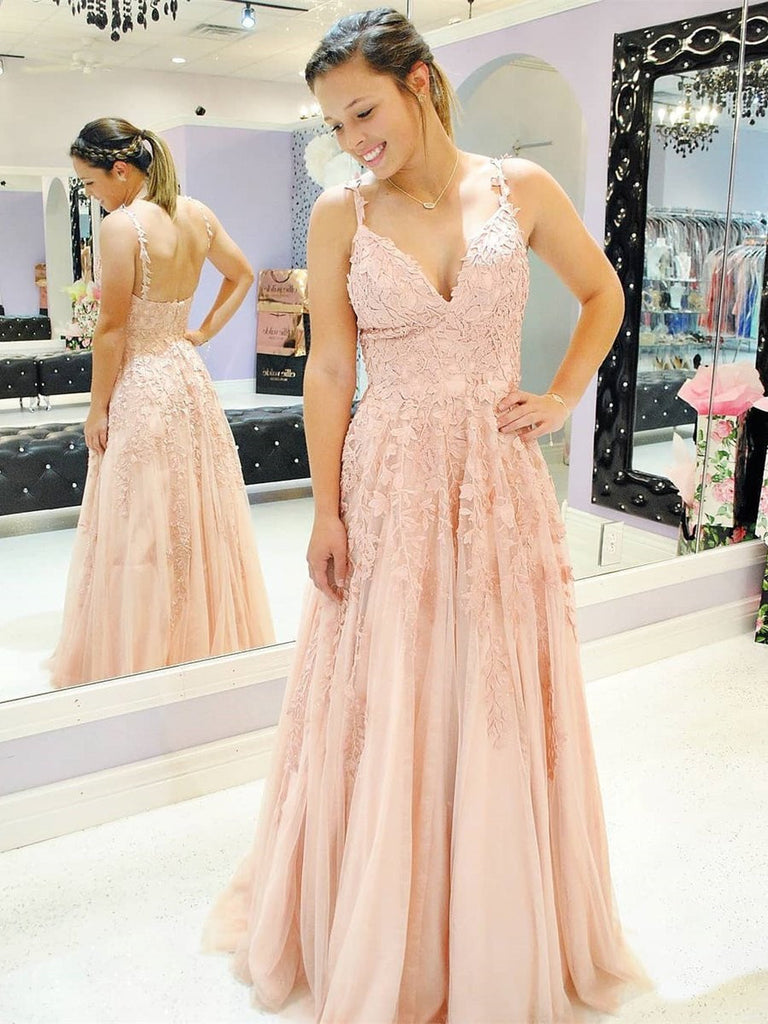 A Line V Neck Spaghetti Straps Lace Appliques Pink Prom Dresses, V Neck Lace Pink Formal Dresses, Pink Evening Dresses