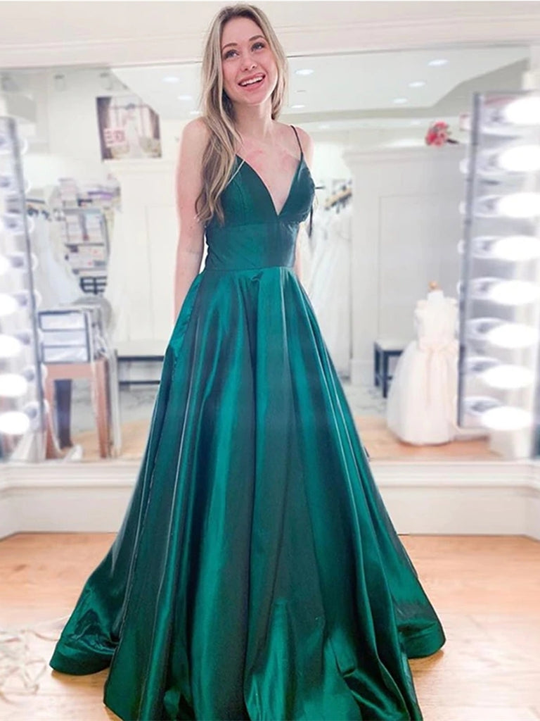 V Neck Emerald Green Satin Prom Dresses, Emerald Green Satin Long