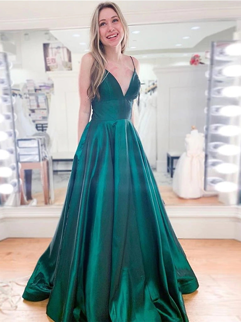 A Line V Neck Spaghetti Straps Long Emerald Green Prom Dresses, V Neck Shiny Party A Line V Neck Spaghetti Straps Long Emerald Green Prom Dresses, V Neck Shiny Party