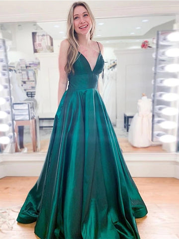A Line V Neck Spaghetti Straps Long Emerald Green Prom Dresses, V Neck Emerald Green Formal Dresses, Simple Green Evening Dresses