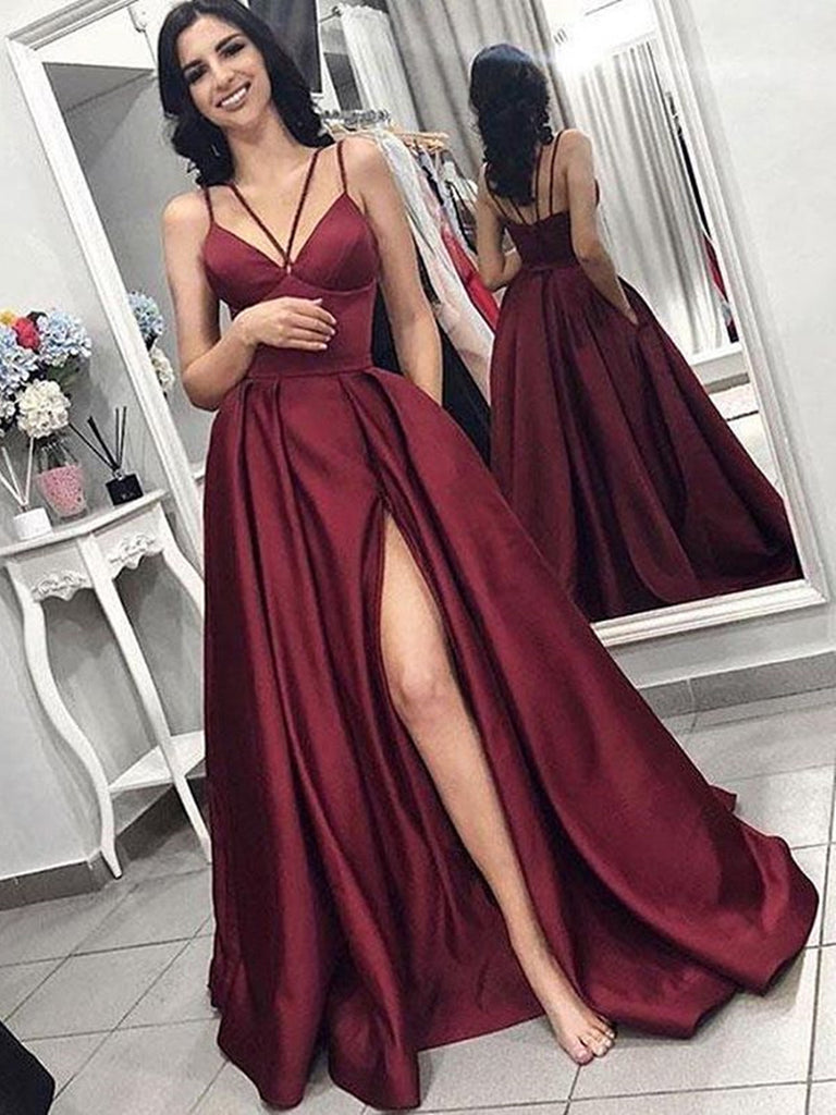 A Line V Neck Spaghetti Straps Satin Burgundy Prom Dresses with Pocket Shiny Party A Line V Neck Spaghetti Straps Satin Burgundy Prom Dresses with Pocket Shiny Party