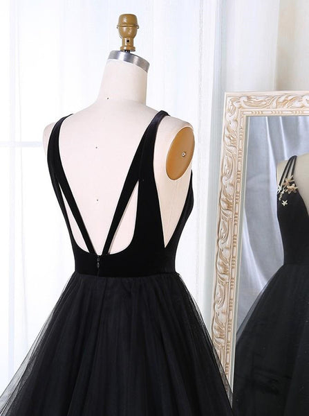 A Line V Neck Tulle Black Ball Gown, Black Prom Dresses, Black Formal Dresses