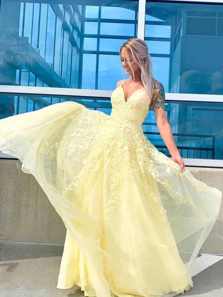 A Line V Neck Tulle Yellow Lace Long Prom Dresses, V Neck Yellow Lace Formal Dresses, Yellow Lace Evening Dresses