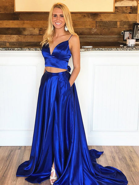 A Line V Neck Two Pieces Backless Royal Blue Prom Dresses with High Slit, 2 Pieces Royal Blue Formal Graduation Evening Dresses