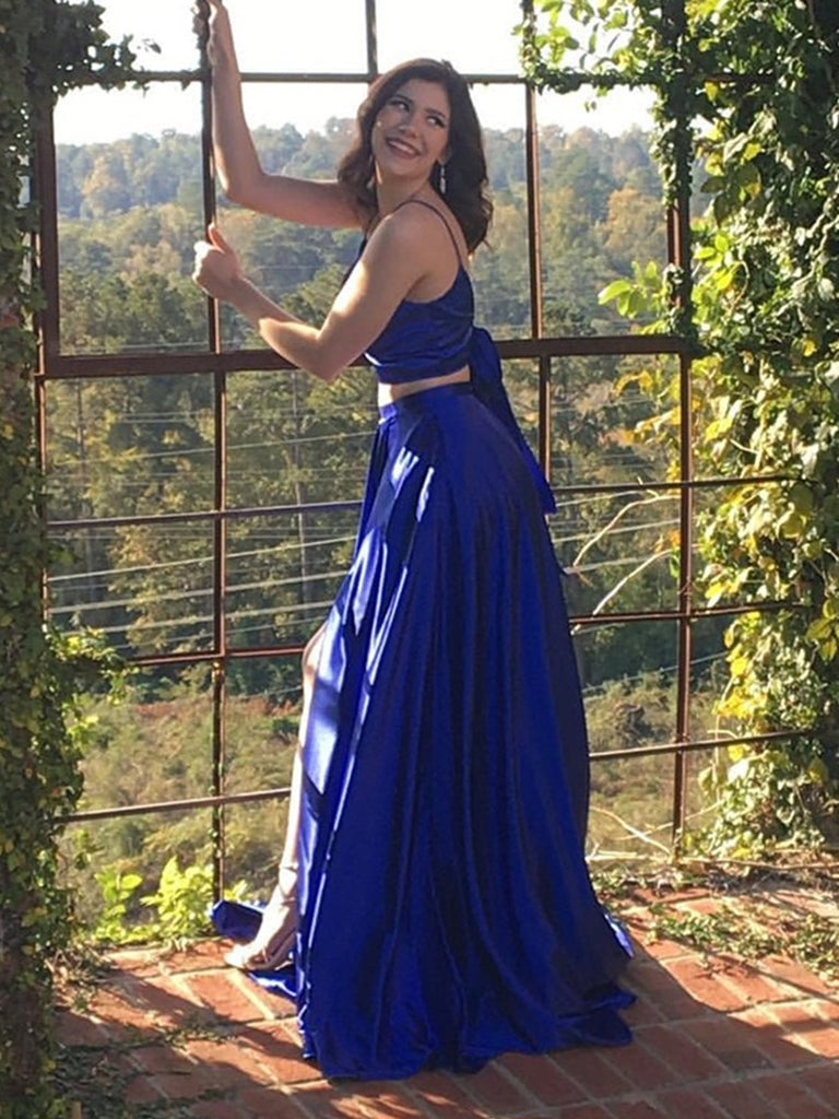 A Line V Neck Two Pieces Backless Royal Blue/Yellow Prom Dresses with Shiny Party A Line V Neck Two Pieces Backless Royal Blue/Yellow Prom Dresses with Shiny Party